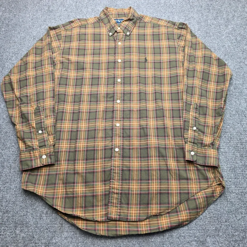 Polo Ralph Lauren Mens Large Classic Fit Plaid Button Down Shirt Olive Green Tan